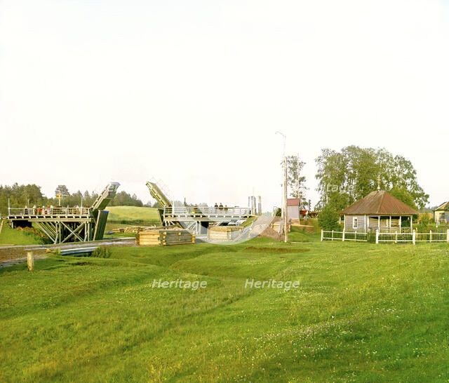 Volokov drawbridge on the Vytegra River, 1909. Creator: Sergey Mikhaylovich Prokudin-Gorsky.