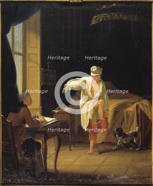 Voltaire on rising in Ferney, dictating to his secretary Collini, c1772. Creator: Jean Huber.