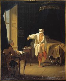 Voltaire on rising in Ferney, dictating to his secretary Collini, c1772. Creator: Jean Huber