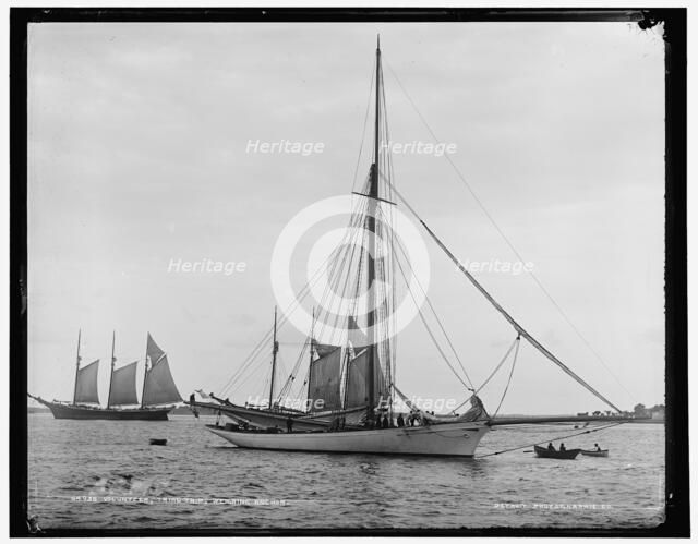 Volunteer, trial trip, weighing anchor, (1887?). Creator: Unknown.