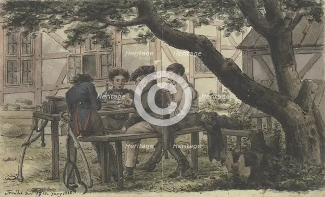 Volunteers resting in a tavern garden, 1815. Creator: Carl Friedrich Zimmermann.