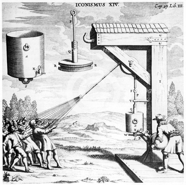 Von Guericke's demonstration of the strength of a vacuum, 1654 (1672). Creator: Unknown.