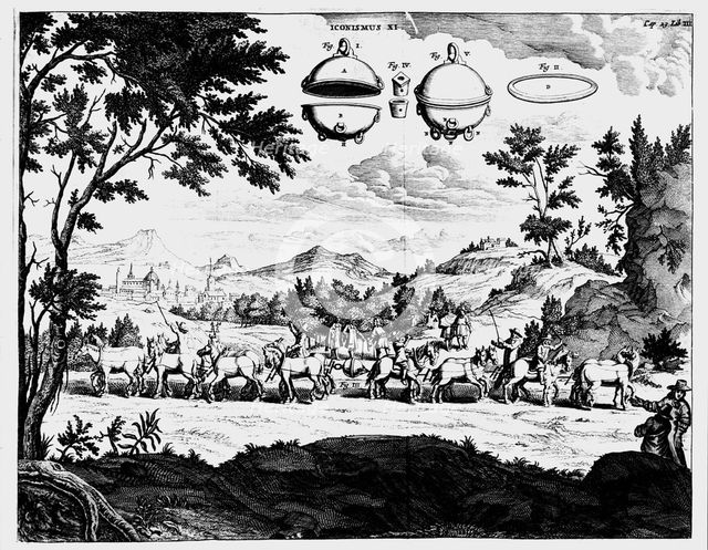 Von Guericke's demonstration of the strength of air pressure, 1672. Creator: Unknown.