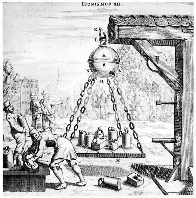 Von Guericke's demonstration of the power of air pressure, 1672. Creator: Unknown.
