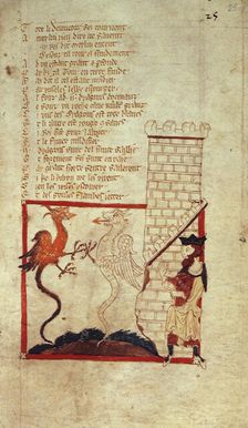 Vortigern finds red and white dragons beneath the foundation of his castle, mid 14th century. Creator: Wace