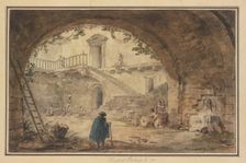 Vaulted ceiling with an antique fountain and a view of a staircase, 1780. Creator: Hubert Robert