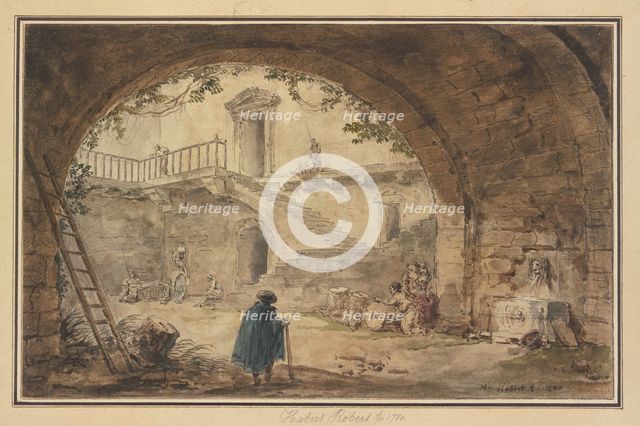Vaulted ceiling with an antique fountain and a view of a staircase, 1780. Creator: Hubert Robert.