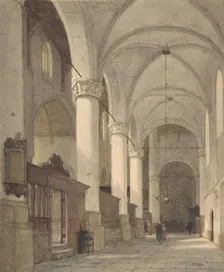Vaulted Side Aisle of a Church, with Figures, 19th century. Creator: Johannes Bosboom