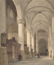 Vaulted Side Aisle of a Church, with Figures, 19th century. Creator: Johannes Bosboom