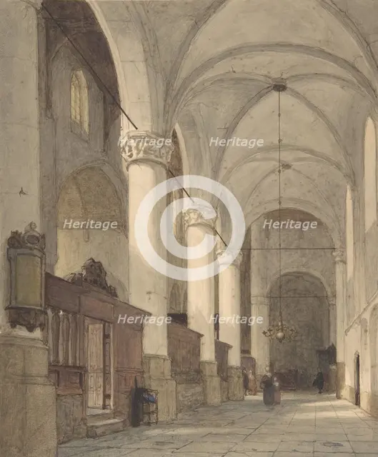 Vaulted Side Aisle of a Church, with Figures, 19th century. Creator: Johannes Bosboom.
