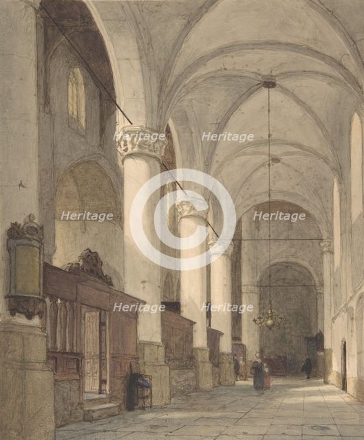 Vaulted Side Aisle of a Church, with Figures, 19th century. Creator: Johannes Bosboom.