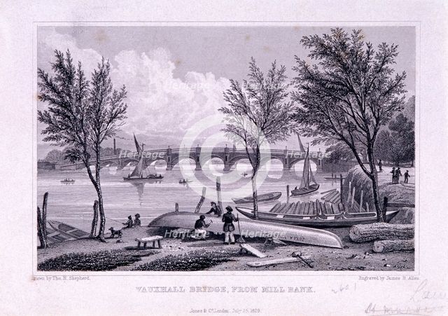 Vauxhall Bridge, Lambeth, London, 1829. Artist: James B Allen