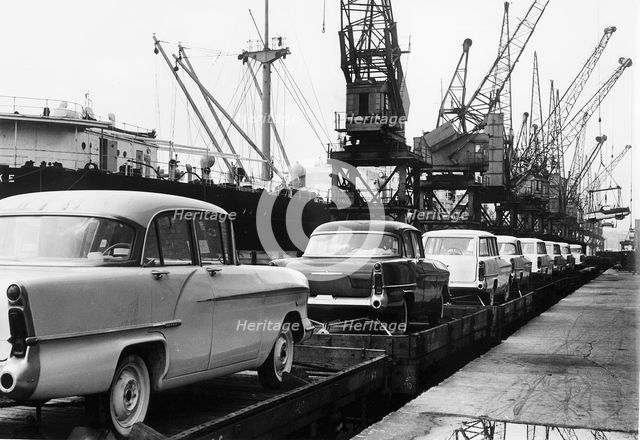Vauxhall Victors for export at docks 1958. Creator: Unknown.