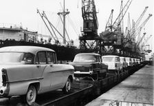 Vauxhall Victors for export at docks 1958. Creator: Unknown