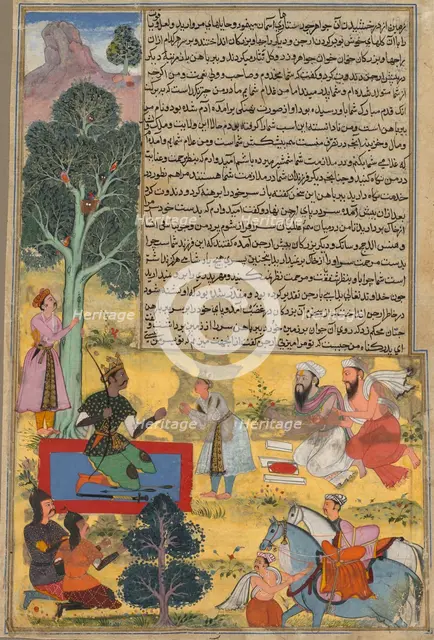 Vabhruvahana Approaches Arjuna, page from the Khan Khanan's Razm-nama, c. 1610 (?) - 1617. Creator: Sur Das Gujarati (Indian, active 16th century).