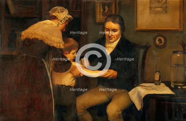 Vaccination: "Dr Jenner performing his first vaccination, 1796", c1910s. Creator: Ernest Board.