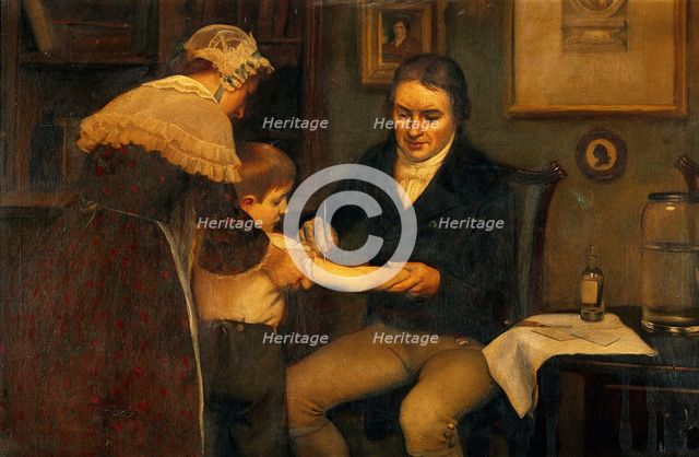 Vaccination: "Dr Jenner performing his first vaccination, 1796", c1910s. Creator: Ernest Board.