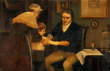 Vaccination: "Dr Jenner performing his first vaccination, 1796", c1910s. Creator: Ernest Board