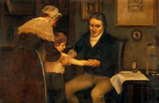 Vaccination: "Dr Jenner performing his first vaccination, 1796", c1910s. Creator: Ernest Board