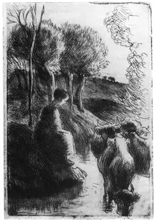 Vachere au Bord de L'eau (Cowherd beside Water), c1850-1900 (1924). Artist: Camille Pissarro