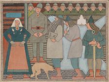 Väinämöinen, Ilmarinen and Lemminkäinen arrive at Pohjola, c1910s. Creator: Joseph Alanen