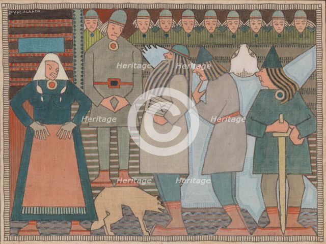 Väinämöinen, Ilmarinen and Lemminkäinen arrive at Pohjola, c1910s. Creator: Joseph Alanen.