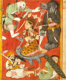 Vaishnavi and Varahi Fighting Asuras(Recto), Kumari Fighting Asuras(Verso)..., between 1675 and 1700 Creator: Unknown