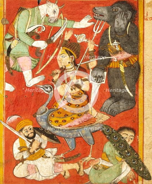 Vaishnavi and Varahi Fighting Asuras(Recto), Kumari Fighting Asuras(Verso)..., between 1675 and 1700 Creator: Unknown.