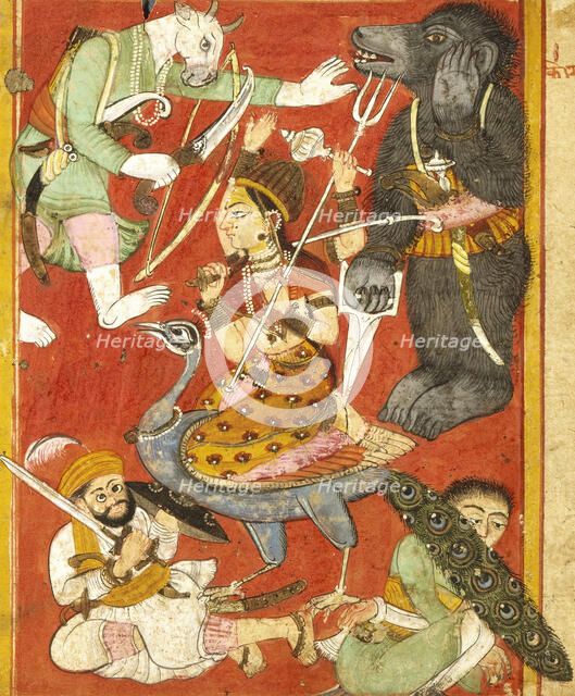 Vaishnavi and Varahi Fighting Asuras(Recto), Kumari Fighting Asuras(Verso)..., between 1675 and 1700 Creator: Unknown.