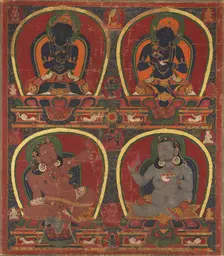 Vajradhara, Nairatmya, and Mahasiddhas Virupa and Kanha, c. 1450. Creator: Unknown