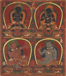 Vajradhara, Nairatmya, and Mahasiddhas Virupa and Kanha, c. 1450. Creator: Unknown