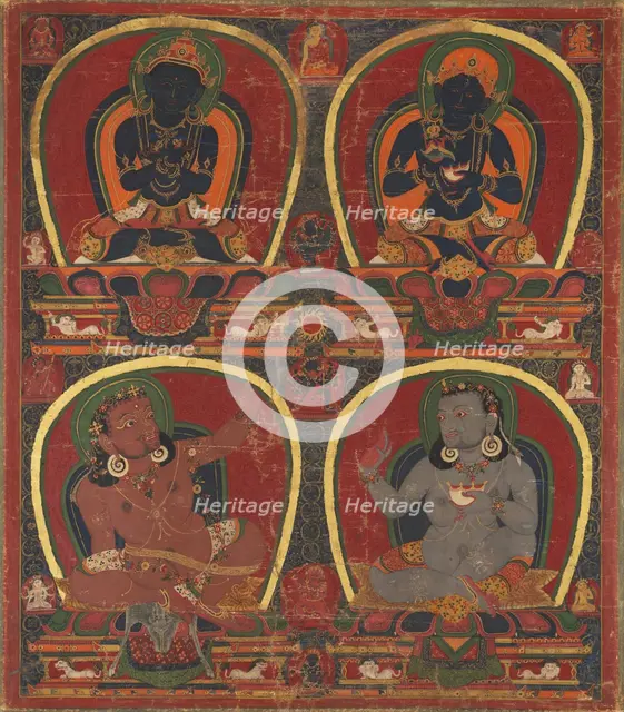 Vajradhara, Nairatmya, and Mahasiddhas Virupa and Kanha, c. 1450. Creator: Unknown.