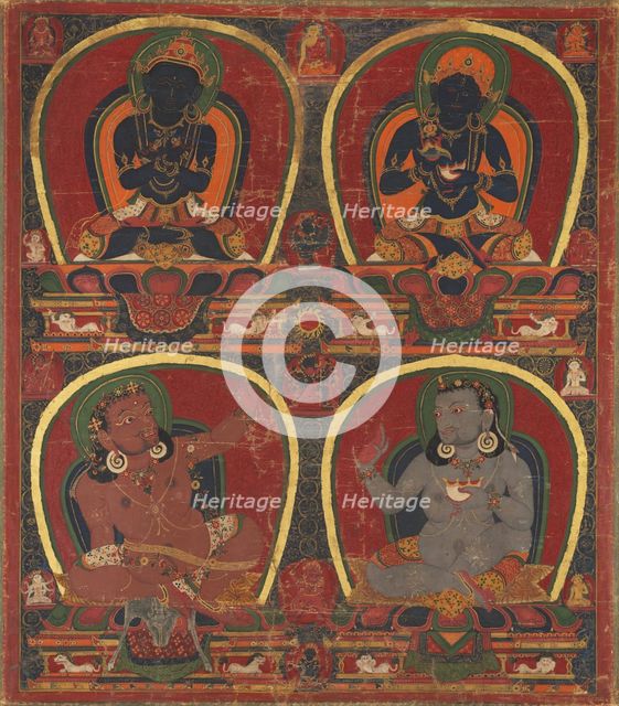 Vajradhara, Nairatmya, and Mahasiddhas Virupa and Kanha, c. 1450. Creator: Unknown.