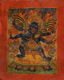 Vajrakumara (?) and Consort, Nyingmapa Buddhist or Bon Ritual Card, 18th-19th century. Creator: Unknown
