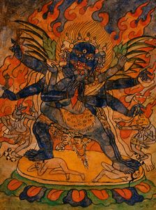 Vajrakumara (?) and Consort, Nyingmapa Buddhist or Bon Ritual Card, 18th-19th century. Creator: Unknown