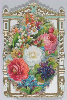 Valentine - Mechanical -- armoire, family, flowers, ca. 1875., ca. 1875. Creator: Anon