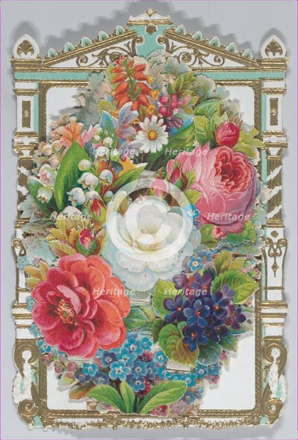 Valentine - Mechanical -- armoire, family, flowers, ca. 1875., ca. 1875. Creator: Anon.