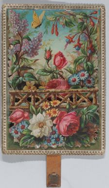 Valentine - Mechanical floral scene - a man on a horse offers a woman a rose - symbol ..., ca. 1875. Creator: Anon