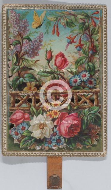 Valentine - Mechanical floral scene - a man on a horse offers a woman a rose - symbol ..., ca. 1875. Creator: Anon.