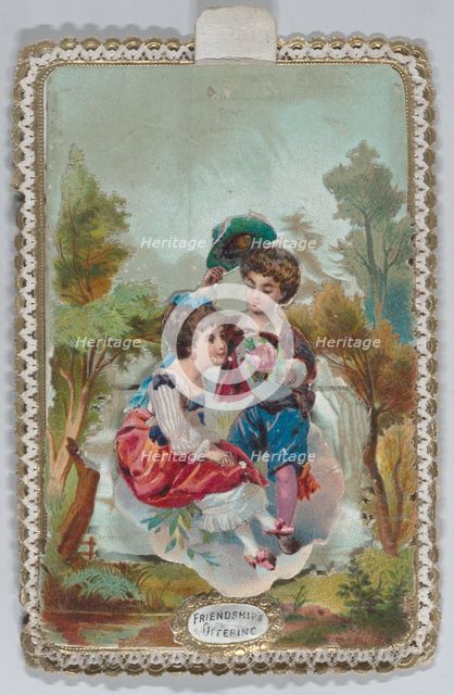 Valentine - Mechanical scene, couple riding in a coach drawn by goats., ca. 1875. Creator: Anon.