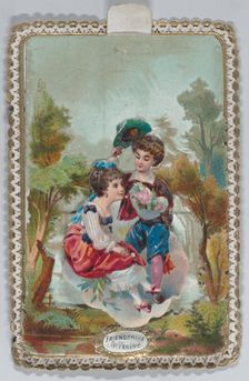 Valentine - Mechanical scene, couple riding in a coach drawn by goats., ca. 1875. Creator: Anon