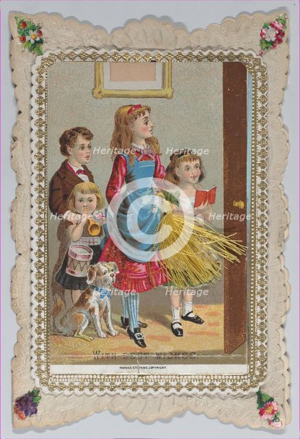 Valentine - Mechanical - pull down tassel reveals scene, ca. 1875., ca. 1875. Creator: Anon.