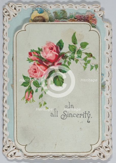 Valentine - Mechanical pull down - Woman on a garden bench with cascade and doves., ca..., ca. 1875. Creator: Anon.