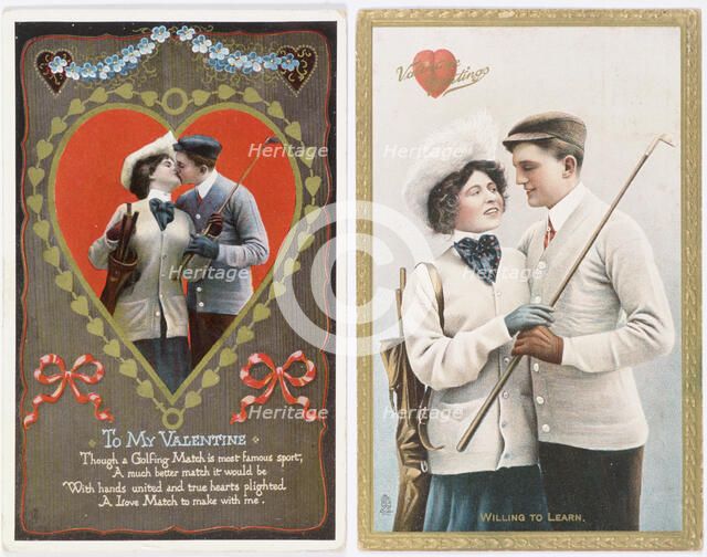 Valentine cards with a golfing theme, 1911. Artist: Unknown