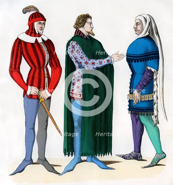 Valet and lords in 14th century costume, 1882-1884. Artist: Unknown