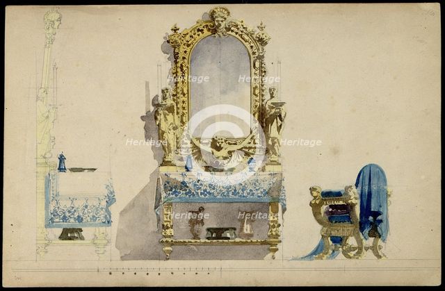 Vanity table, Desdemona's room. Set design for opera Otello by Giuseppe Verdi, world premiere, La Sc