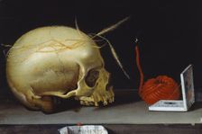 Vanitas with Skull, Wax Taper and Portable Sundial, 1620-1640. Creator: German Master