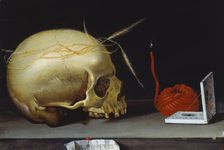 Vanitas with Skull, Wax Taper and Portable Sundial, 1620-1640. Creator: German Master