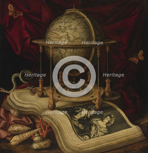 Vanitas Still Life with a Terrestrial Globe, a Book, Shells, a Snake and Butterflies. Artist: Luyckx, Carstian (1623-after 1657)
