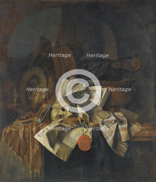 Vanitas still life with a skull, a shield, an hour glass, books and papers on a tabletop.